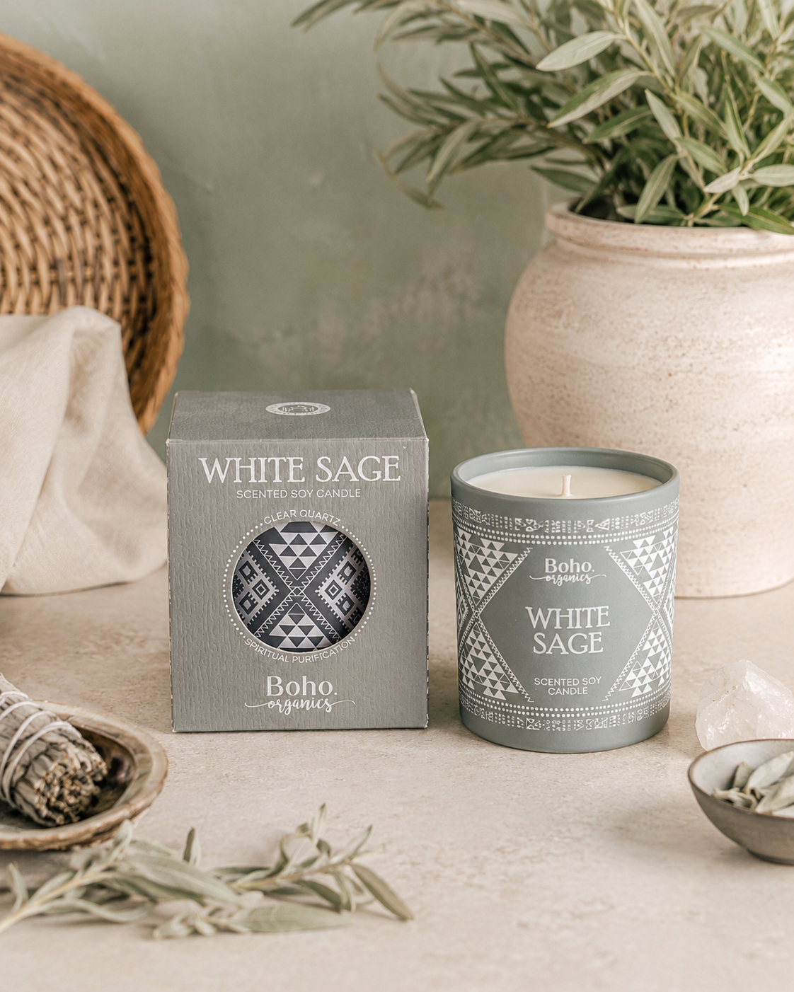 Vela Pequeña con Chips de Cuarzo | Boho Organics 120g
