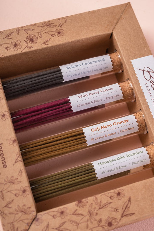 Set de Incienso Puro Sin Bambú (4 Aromas) con Quemador | Regalo de Lujo