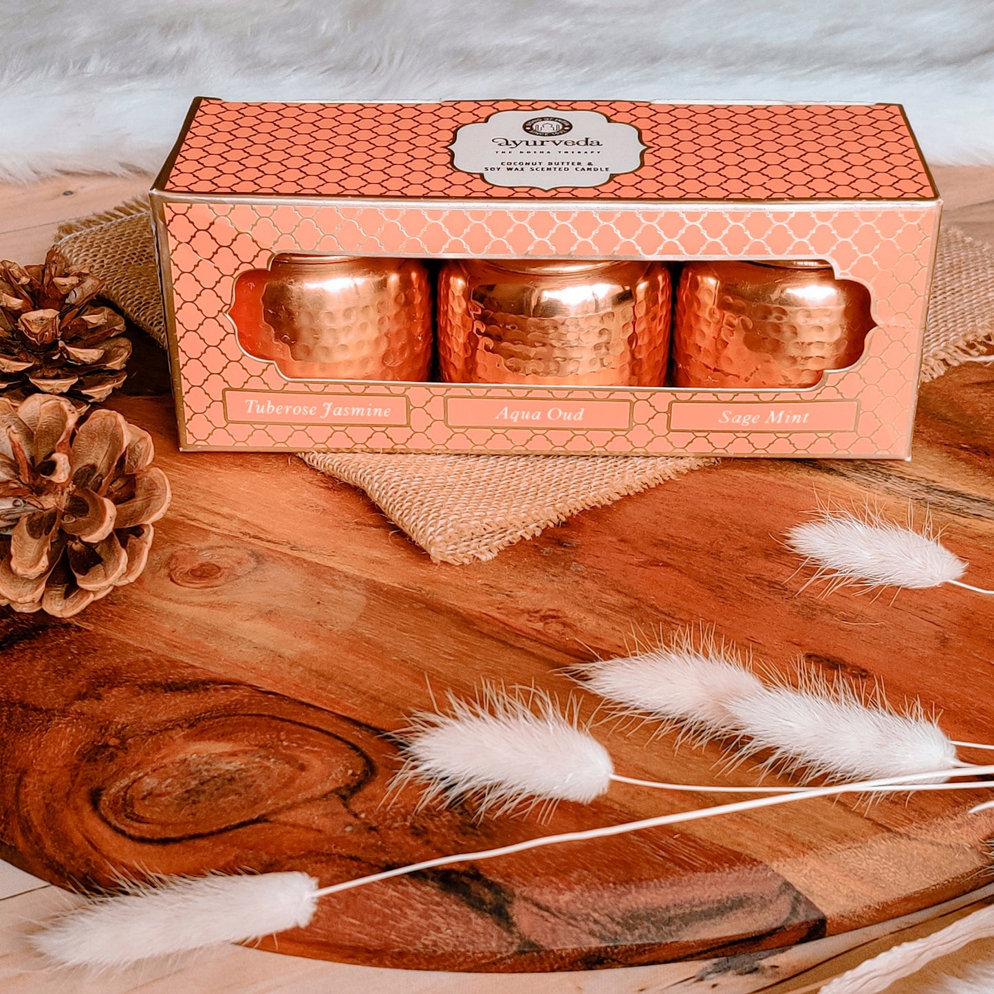 Set de Regalo Ayurveda: Trío de Velas en Cobre - Cera de Soja & Coco (Edición Lujo)