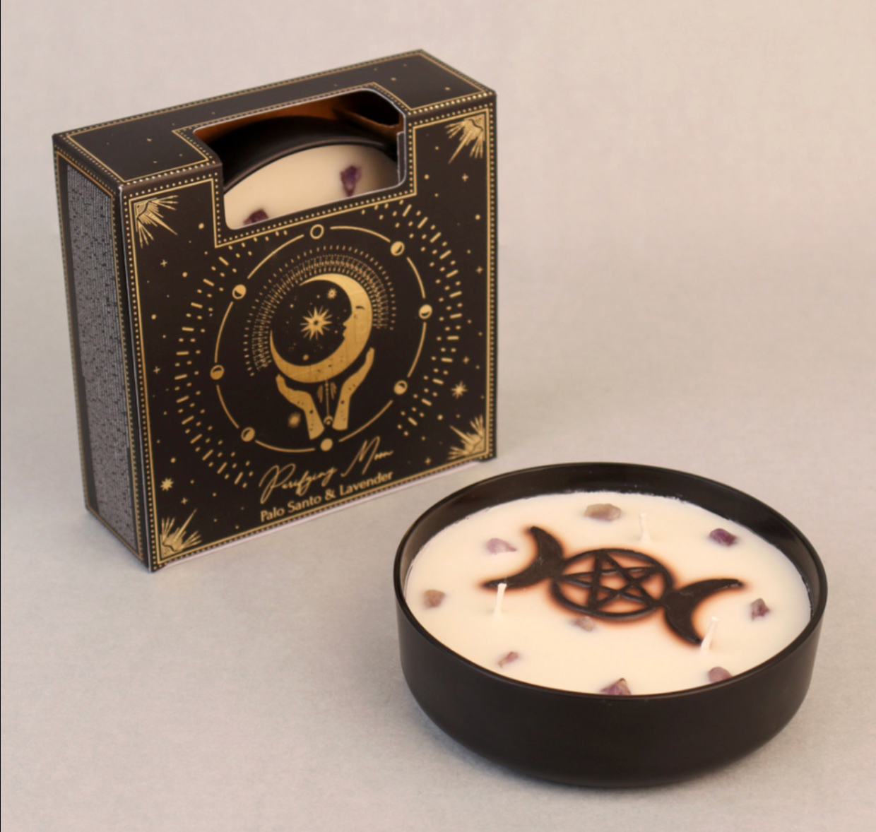 Vela Esotérica Ritual con Gema y Símbolo Triple Luna (200g)