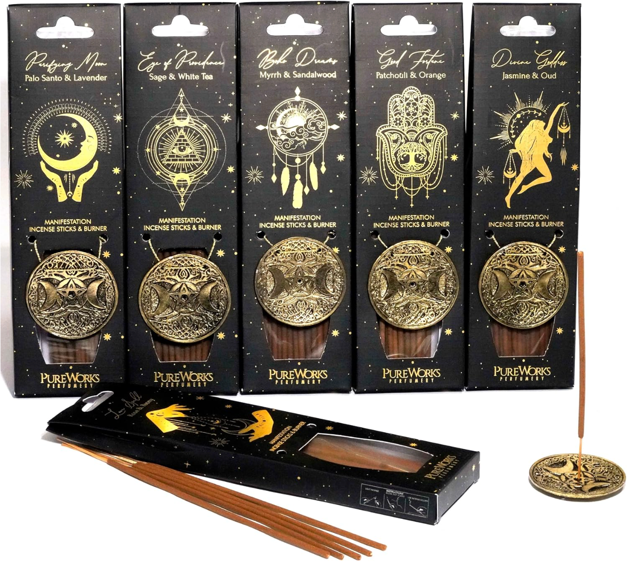 Incienso Esotérico con Quemador de Metal Luna Creciente | Kit Ritual