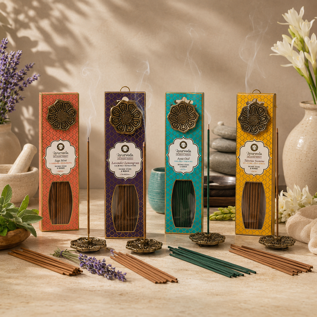 Pack Mayorista de 8 Inciensos Ayurveda con Quemador de Metal Colgante — Samaná Costa Rica