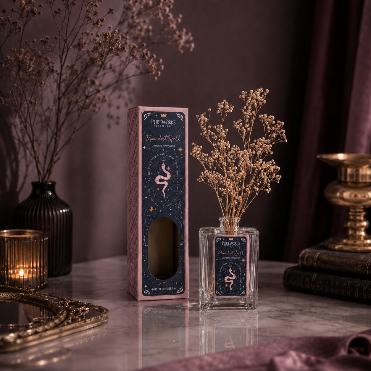 Difusor Magia Celestial (150ml) Con Varillas de Sauce y Flores Secas