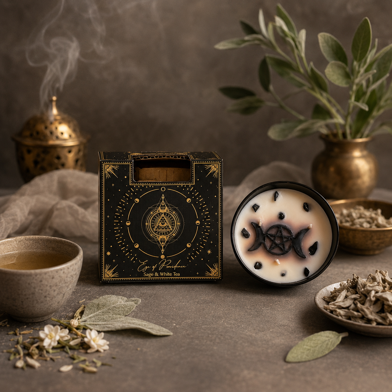 Vela Esotérica Ritual con Gema y Símbolo Triple Luna (200g)