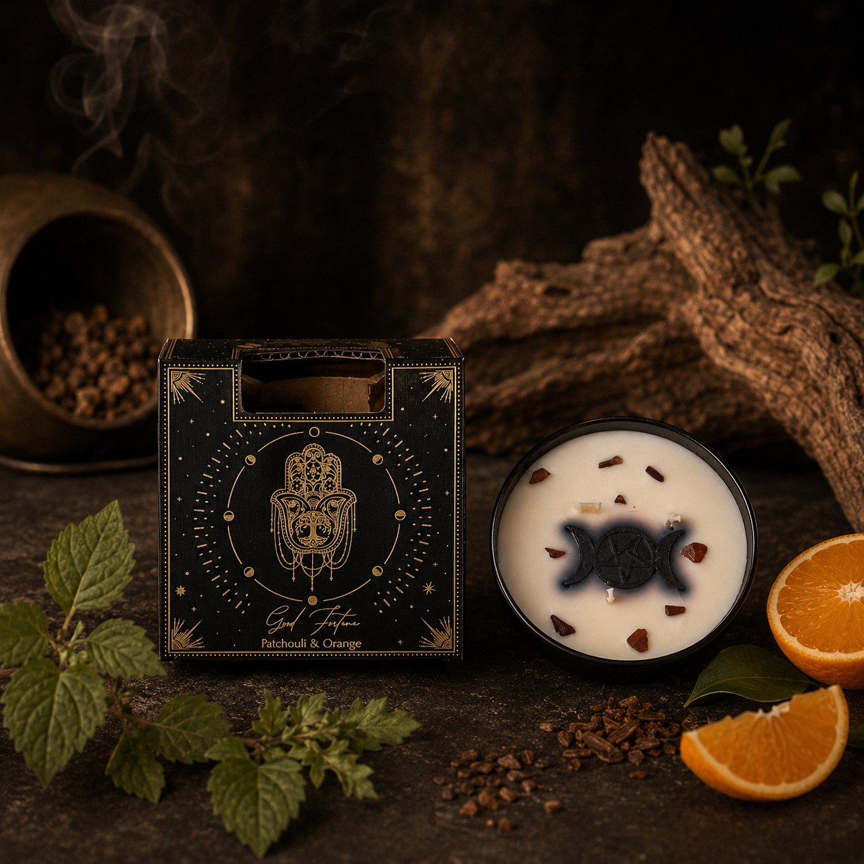 Vela Esotérica Ritual con Gema y Símbolo Triple Luna (200g)