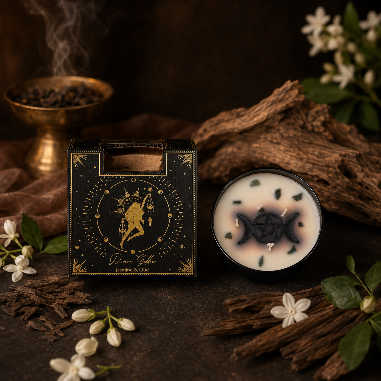 Vela Esotérica Ritual con Gema y Símbolo Triple Luna (200g)