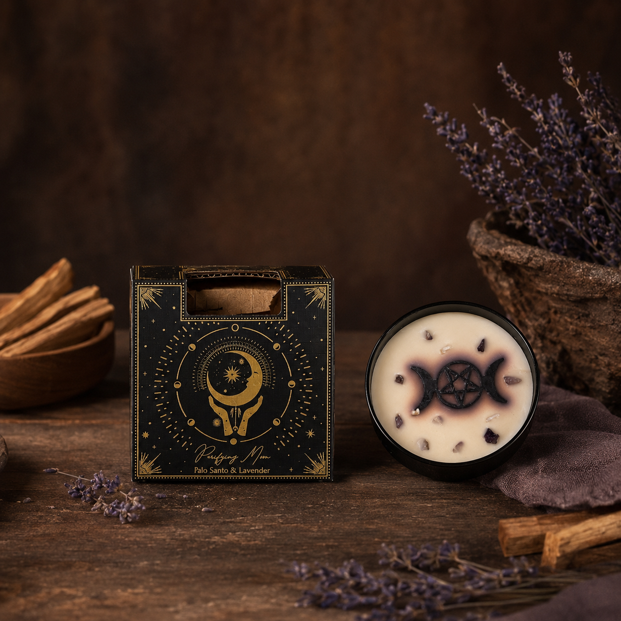 Vela Esotérica Ritual con Gema y Símbolo Triple Luna (200g)