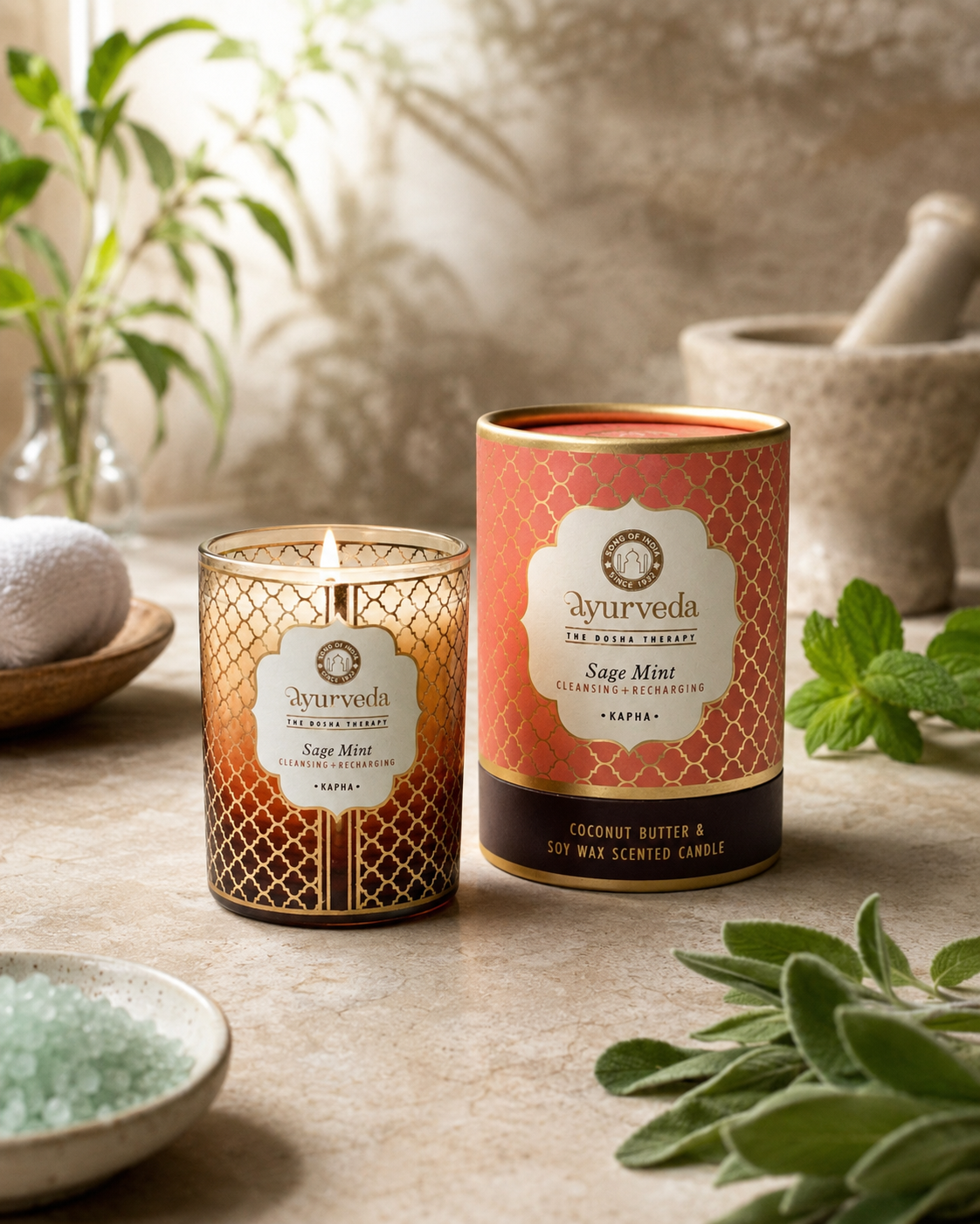 Vela Ayurveda Estilo Botica en Vidrio Ámbar (Edición Limitada) | Cera de Soja & Coco