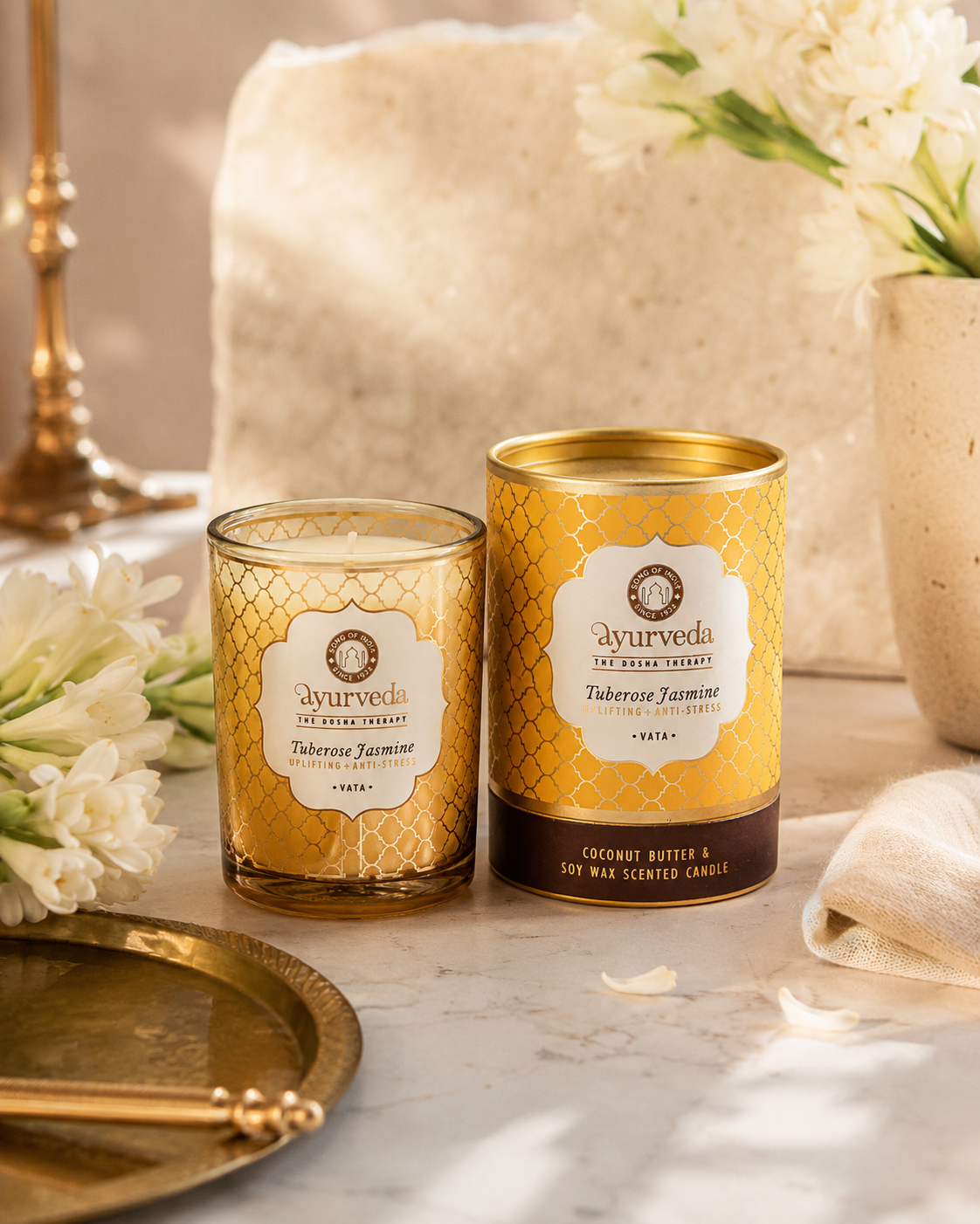 Vela Ayurveda Estilo Botica en Vidrio Ámbar (Edición Limitada) | Cera de Soja & Coco