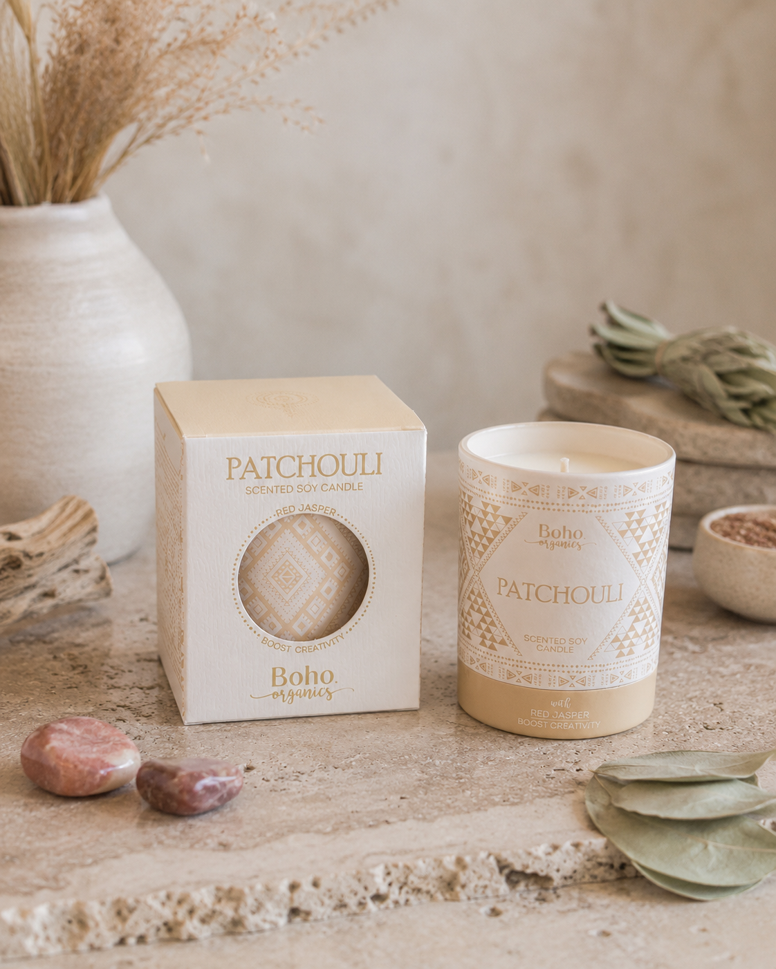 Vela Pequeña con Chips de Cuarzo | Boho Organics 120g