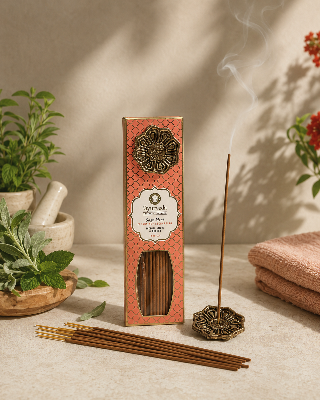 Incienso ayurveda Salvia y Menta con quemador de metal y varillas encendidas — limpieza y equilibrio, Samaná Costa Rica