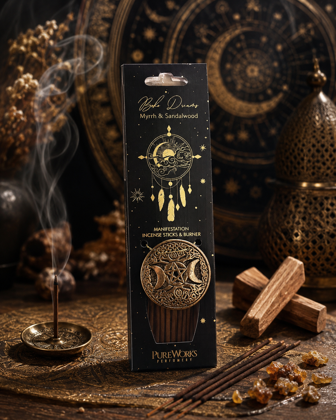 Incienso Esotérico con Quemador de Metal Luna Creciente | Kit Ritual
