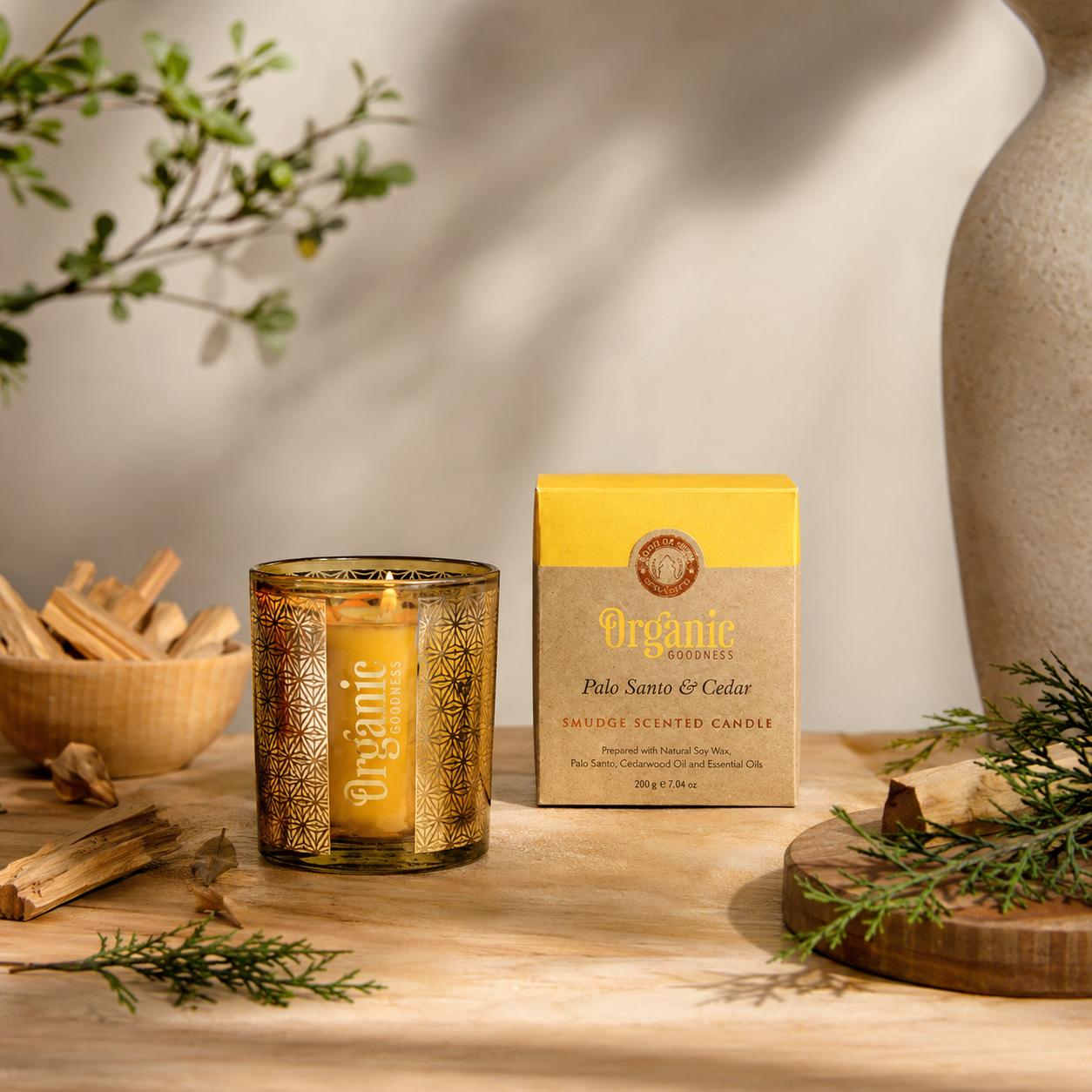 Vela Organic Goodness Smudge en Frasco Dorado con Flores Secas
