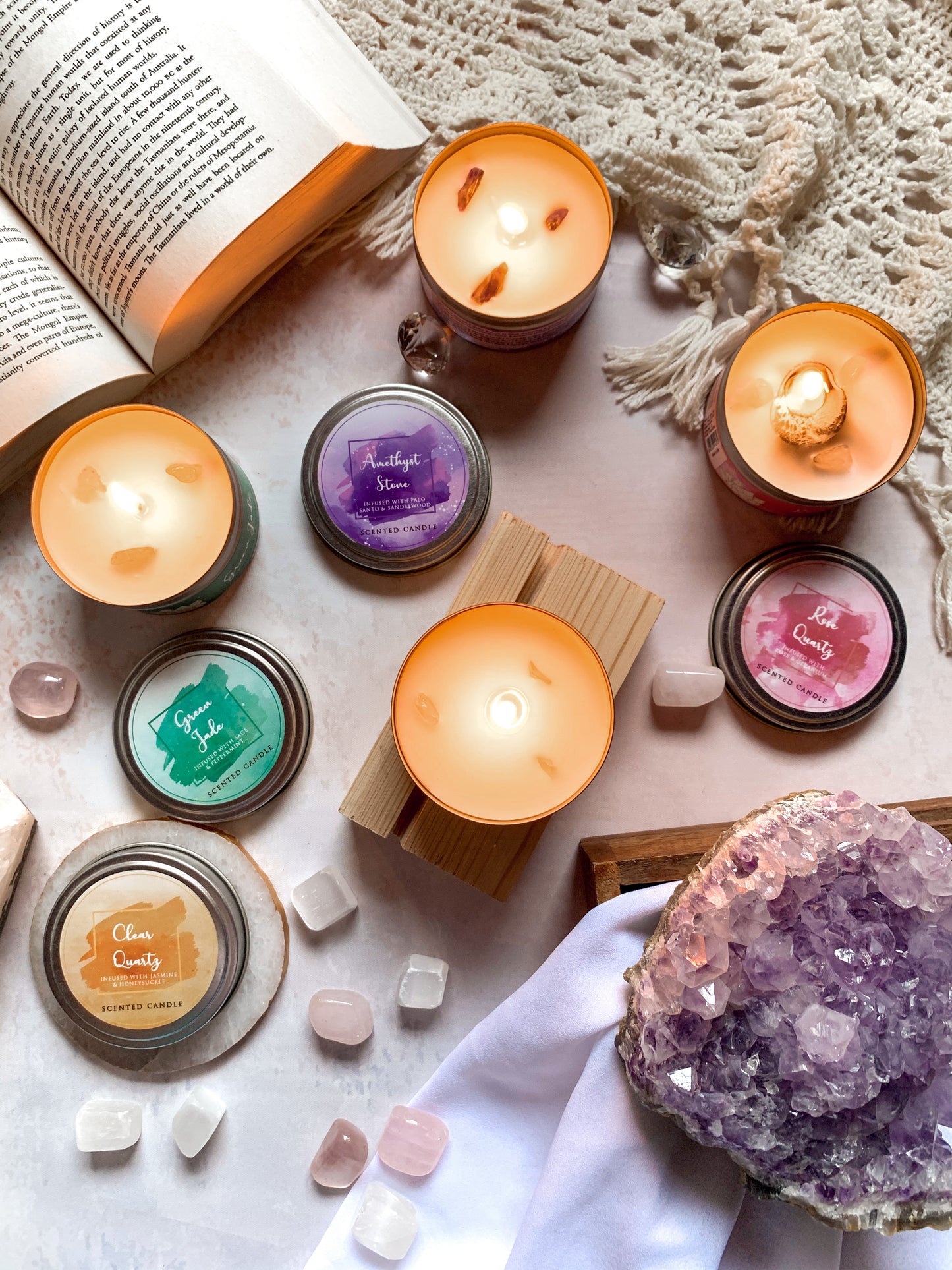 Vela Aromática 'Healing Stones' con Cristales Reales (80g)