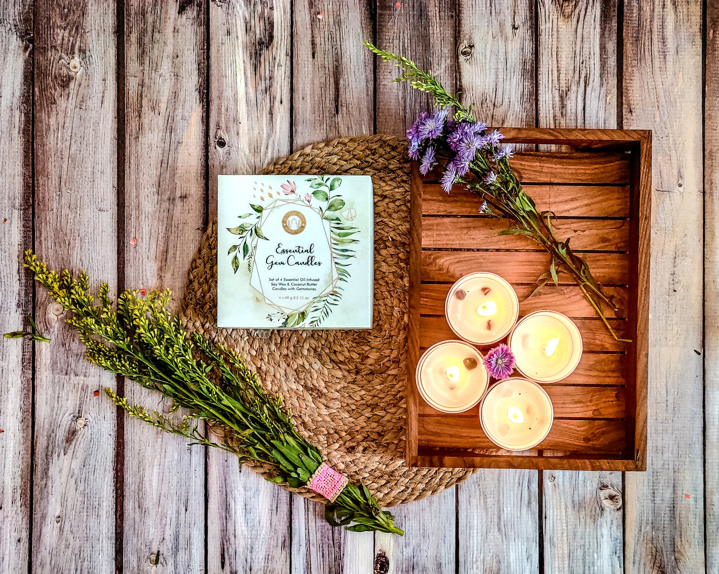 Set de 4 Velas 'Healing Stones' con Cristales Reales - Caja de Regalo de Lujo