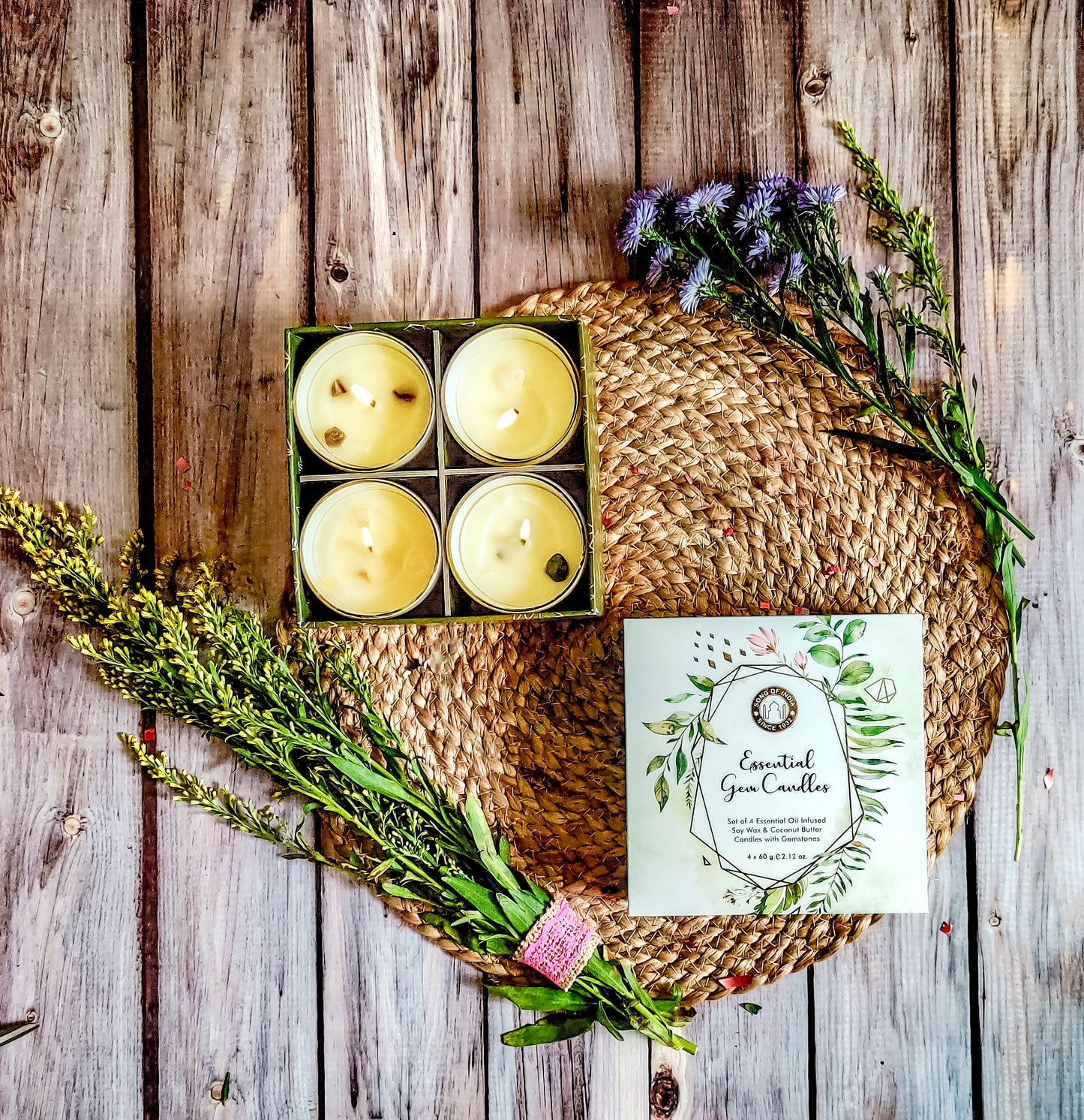 Set de 4 Velas 'Healing Stones' con Cristales Reales - Caja de Regalo de Lujo