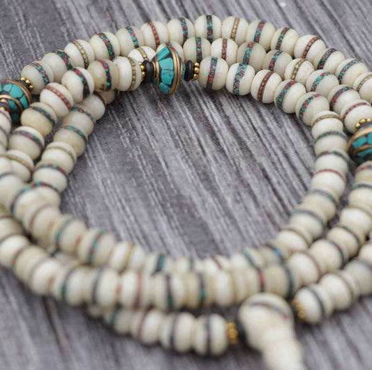 Collar Mala de Hueso de Yak con Mantra Tibetano – Impermanencia y Protección - Buddha Stones
