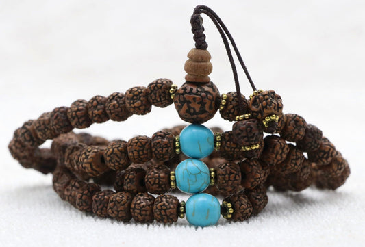 Collar Mala de Semillas Rudraksha con Espaciadores de Turquesa – Gracia de Shiva y Protección - Buddha Stones