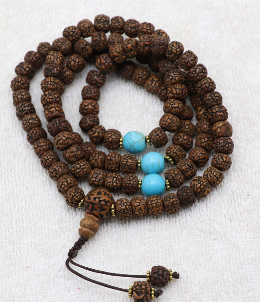 Collar Mala de Semillas Rudraksha con Espaciadores de Turquesa – Gracia de Shiva y Protección - Buddha Stones