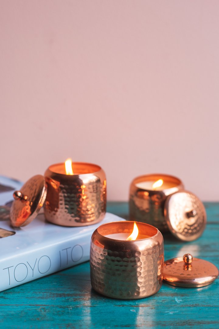 Set de Regalo Ayurveda: Trío de Velas en Cobre - Cera de Soja & Coco (Edición Lujo)