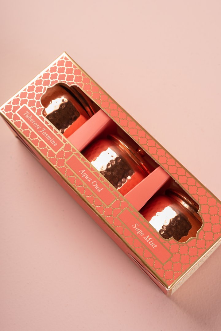 Set de Regalo Ayurveda: Trío de Velas en Cobre - Cera de Soja & Coco (Edición Lujo)
