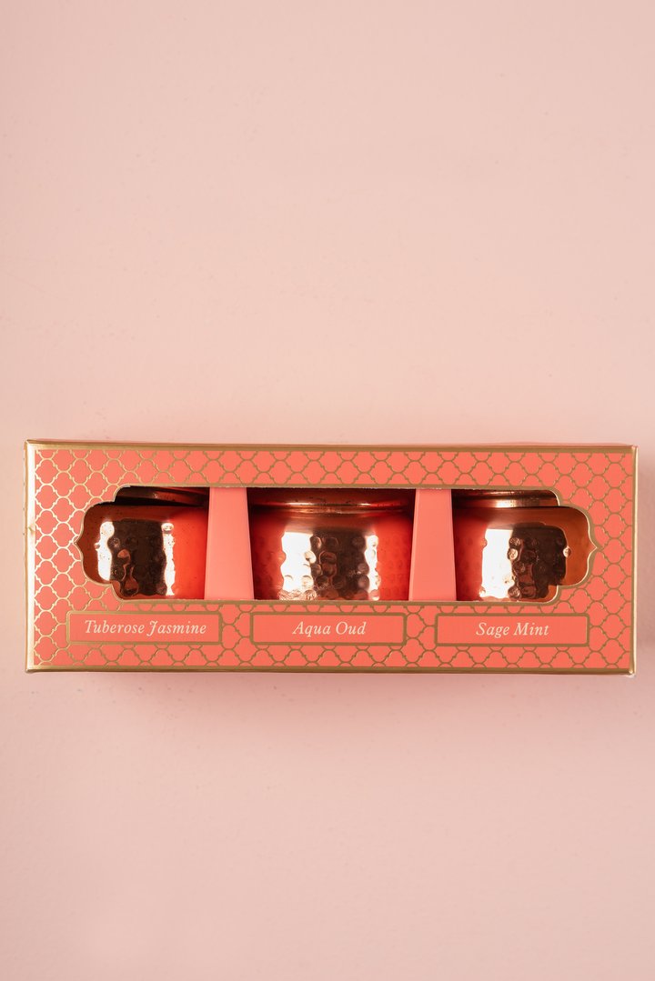Set de Regalo Ayurveda: Trío de Velas en Cobre - Cera de Soja & Coco (Edición Lujo)