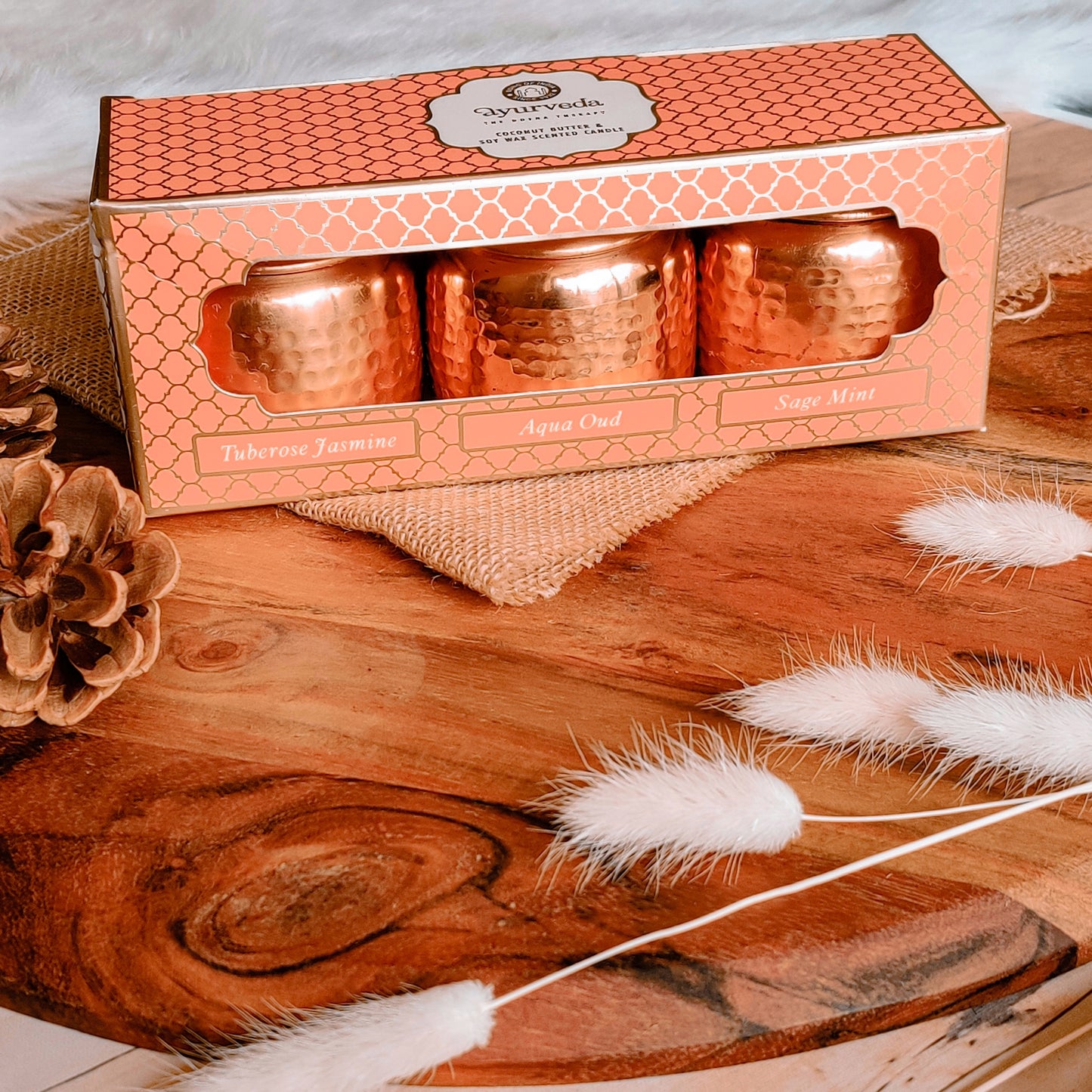 Set de Regalo Ayurveda: Trío de Velas en Cobre - Cera de Soja & Coco (Edición Lujo)