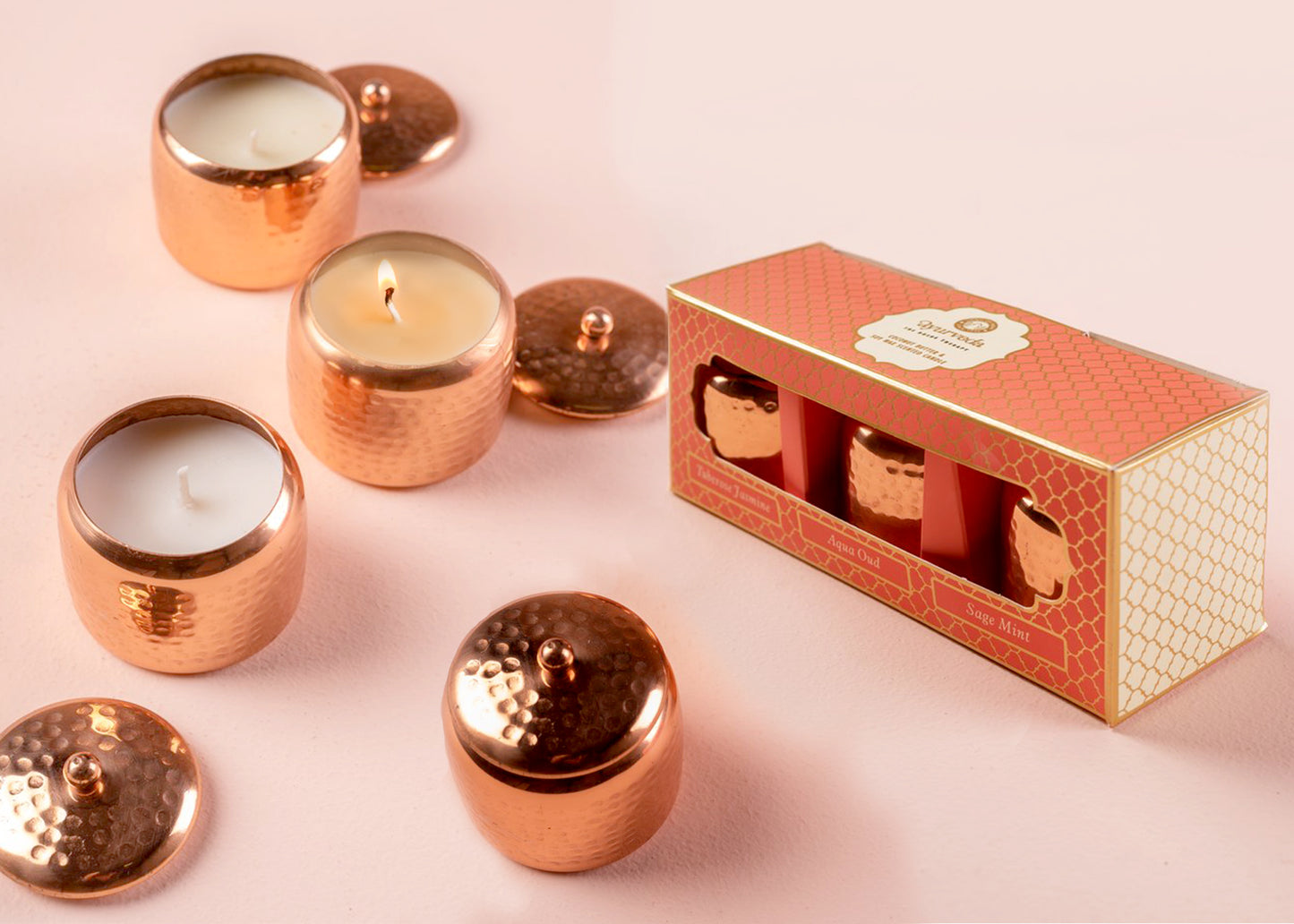 Set de Regalo Ayurveda: Trío de Velas en Cobre - Cera de Soja & Coco (Edición Lujo)